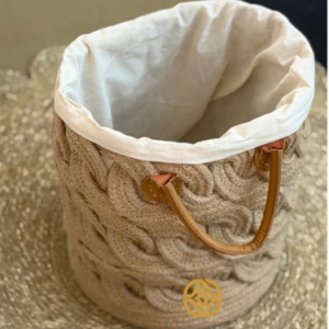 Jute Rope Braided Storage Basket With Lining And Leather Handles Multipurpose Organizer 12 X 14 Inch