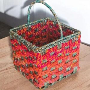 Handcrafted Multicolor Jute and Cotton Square Basket with Handle 8x8x7 inches