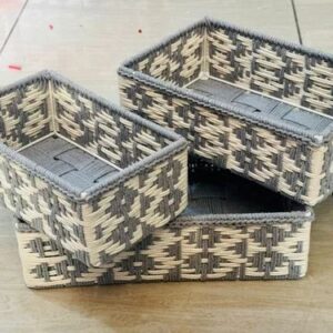 Handcrafted Multipurpose Rectangular Cotton and Jute Rope Storage basket Pack of 3 Grey