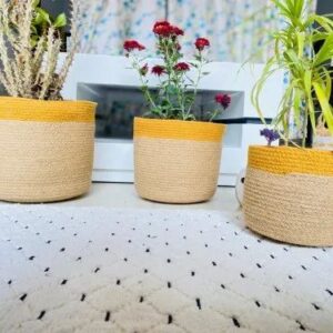 Handcrafted Round Woven Jute Storage Basket Beige with Yellow Border (Pack of 3)