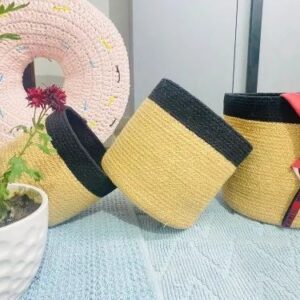 Handcrafted Round Woven Jute Storage Basket Beige with Black Border (Pack of 3)