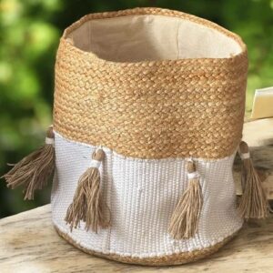Handcrafted Multipurpose Round Jute and Cotton Basket with Tassel (35x35 cm)