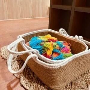 Print Shopping Jute Storage Basket Organizer Box Handwoven Eco-Friendly Foldable Bins 14x10x5 inch