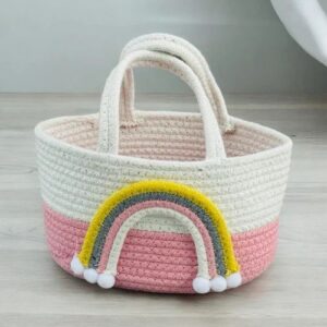 ATICUE Cotton Cute Rainbow Design Hand Woven Storage Baske, Cosmetics and Hampers (9x3x6)in